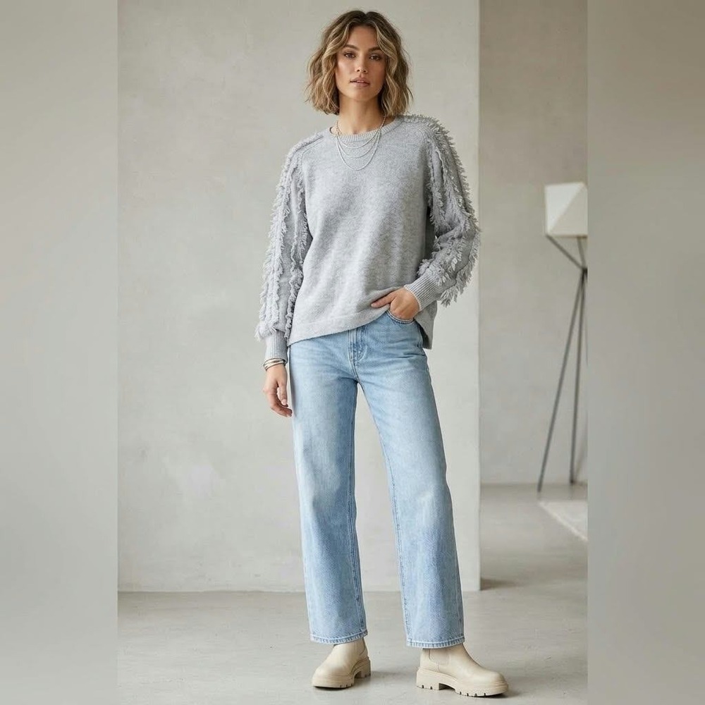 1.STATE Sweater Womens L Gray Fringed Sleeve Crewneck Knit Pullover Boho Casual